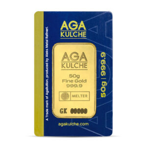 AgaBullion Gold Bar, 50 Gram, .9999 Pure in Assay Package