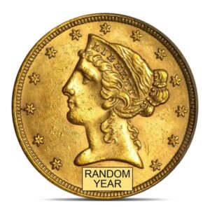 $5 Liberty Gold Coin (1839-1908), Brilliant Uncirculated (BU), 0.2419 Troy Ounce Gold Content