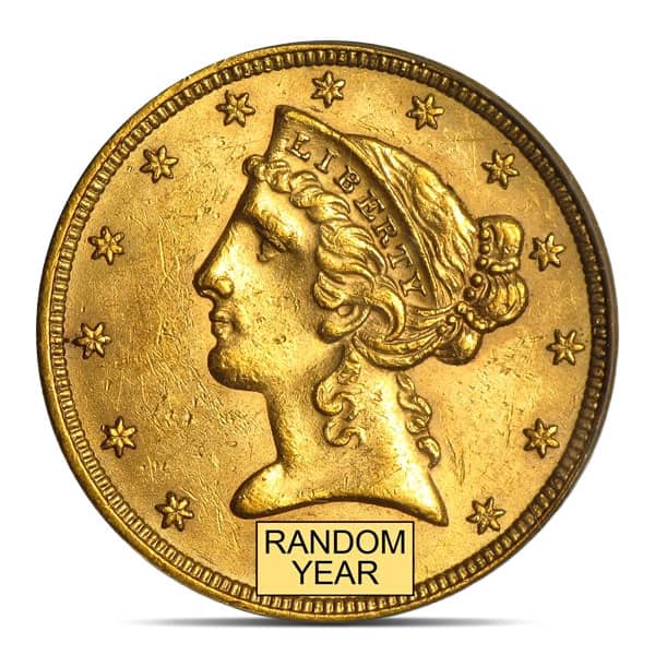 $5 Liberty Gold Coin (1839-1908), Brilliant Uncirculated (BU), 0.2419 Troy Ounce Gold Content