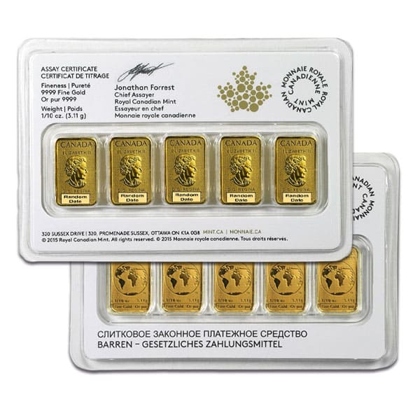 RCM 5 x 1/10 Oz Legal Tender Gold Bar Set, In Assay, .9999 Pure (Dates Our Choice)