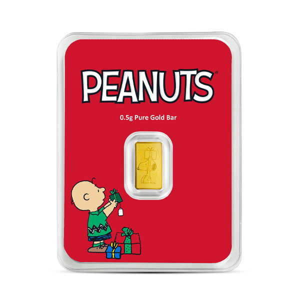 Peanuts Snoopy Christmas Gold Bar, 1/2 Gram .9999 Pure in Assay Package