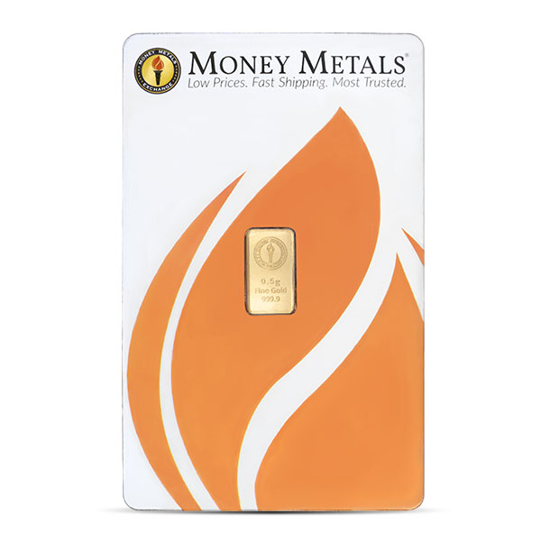 Money Metals Gold Bar, 1/2 Gram .9999 Pure in Assay Package