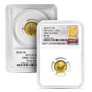 2016 SP70 Graded 1/10 Troy Oz Gold Mercury Dime (PCGS / NGC)