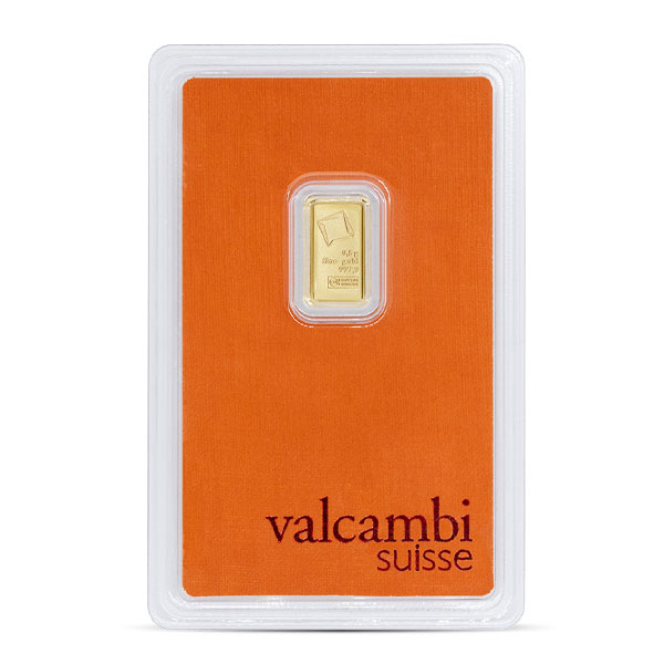 Valcambi Gold Bar, 1/2 Gram .9999 Pure in Assay Package